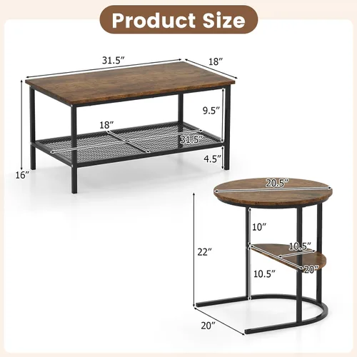 Vista 2 de Giantex Juego de 2 mesas auxiliares anidadas, mesa rectangular desmontable y mesa redonda con veta de madera, marco de metal dorado resistente, mesa