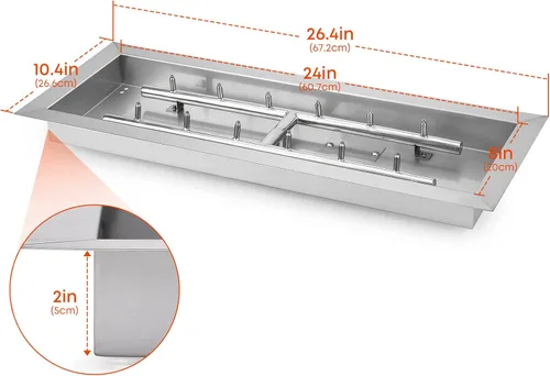 Vista 2 de Stanbroil Bandeja Quemador de Chorro Rectangular Mejorada para Hoguera de 24" x 8", Acero Inoxidable 304 Gas Natural y Propano para Hoguera