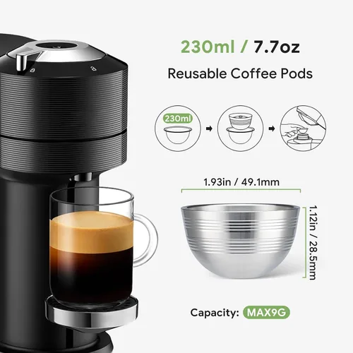 Vista 6 de Cápsulas Vertuo Reutilizables de Acero Inoxidable Compatibles con VERTUO NEXT+RECARGA+Alumin-VERTUO-Pods-80+150+230ml Cada 2 Piezas +Tamizador