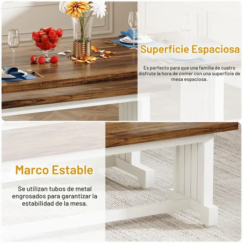 Vista 5 de Tribesigns Juego de mesa de comedor pequeña de 47 pulgadas para 2, mesa de cocina de 3 piezas con 2 bancos, muebles de cena de madera de granja