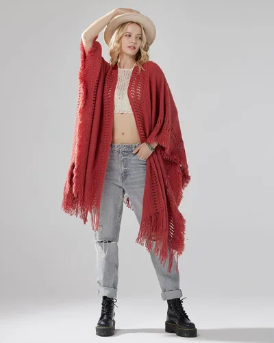 Vista 5 de noflik Women's Fringed Ruana Poncho Shawl Sweater Cardigan