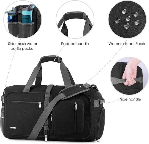 Vista 5 de WANDF Bolsa de lona plegable de 65 litros con bolsillo húmedo y compartimento para zapatos, lona de viaje para hombres y mujeres, resistente al agua