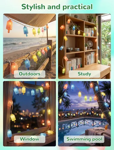 Vista 5 de Guirnalda de 10 luces LED con forma de paleta, helado multicolor con 10 mini bombillas LED, luces de hadas para interiores y exteriores