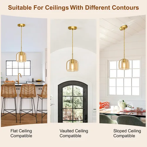 Vista 4 de Luces Colgantes de Isla de Cocina - Luz Colgante Dorada, Luces Colgantes de Latón Estilo Granja con Pantalla de Vidrio Ámbar, Luz Colgante Ajustable