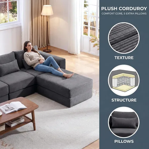Vista 8 de Juego de sofás modulares deshuesados seccionales de 100 pulgadas para sala de estar, sofá modular tapizado en forma de L movible con 5 almohadas Gris