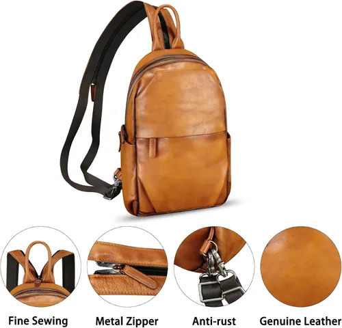 Vista 4 de Bolso de cuero genuino para hombres y mujeres, mochila grande tipo bandolera para iPad Pro de 12.9 pulgadas, Marrón, Mediana