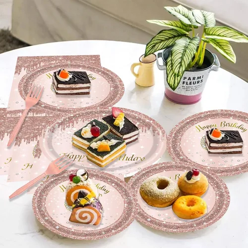 Vista 6 de 24 juegos de decoración de cumpleaños de oro rosa para niñas 1 juego de platos y servilletas y tenedores suministros de fiesta para niños de 1 año