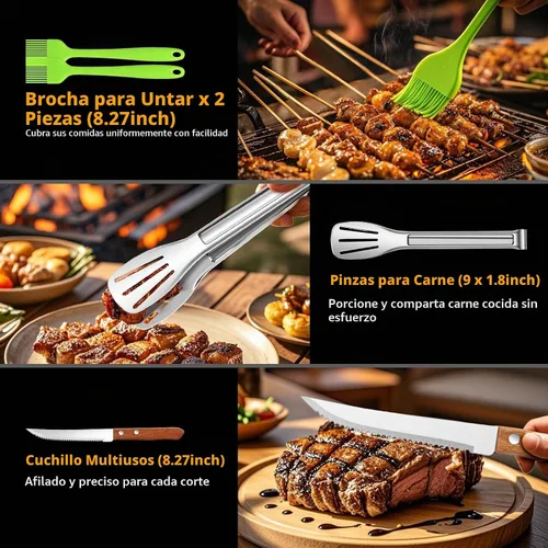 Vista 7 de Juego de accesorios para parrilla de 16 pulgadas, herramientas de accesorios para barbacoa de acero inoxidable resistente y accesorios para parrilla