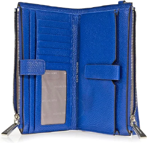 Vista 4 de Michael Kors Adele Doble -cremallera Cuero Teléfono Pulsera En Vintage Azul Cartera Nuevo