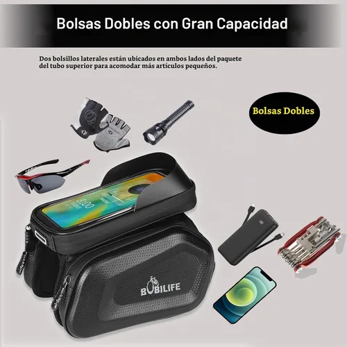 Vista 4 de Bolsa de tubo para marco de bicicleta con soporte táctil para teléfono, bolsa frontal impermeable de dos lados para manillar gemelos con bolsa
