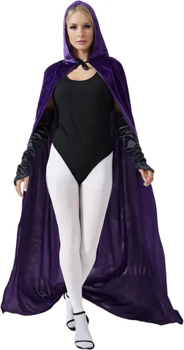 Vista 7 de Shinymoon Women's Halloween Cosplay Costume Purple Bodysuit with Hooded Cloak Velvet Cape Foot Tight Satin Gloves Suits
