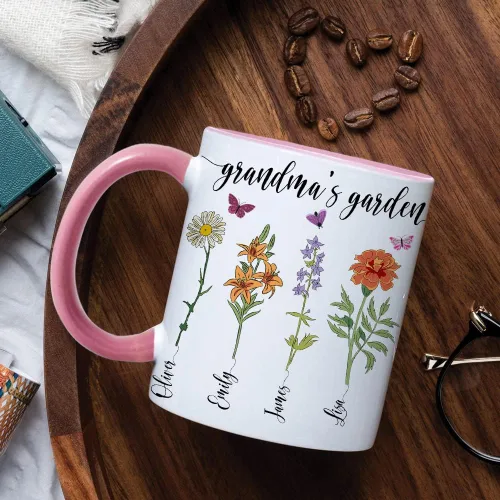 Vista 4 de Taza personalizada con aislamiento de flores del mes de nacimiento, taza personalizada para la abuela, taza del día de la madre, jardín