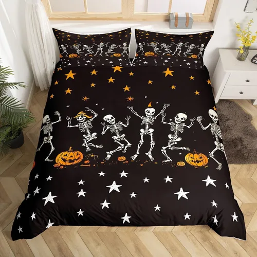 Vista 36 de Funda de edredón con diseño de murciélago, juego de ropa de cama de murciélago negro y naranja, funda de edredón temática de Halloween