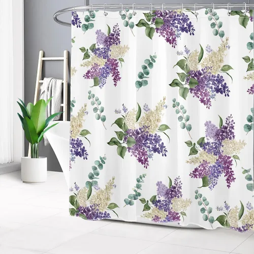 Vista 19 de EOBTAIN Cortina de ducha floral púrpura para baño, flores de acuarela y hojas de eucalipto verde sobre beige, cortina de ducha con 10 ganchos, juego