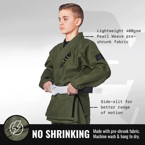Vista 2 de Elite Sports Kids BJJ GI - Kimono brasileño Jiujitsu Gi con tela preencogida y cinturón, para niños y jóvenes, aprobado por la IBJJF