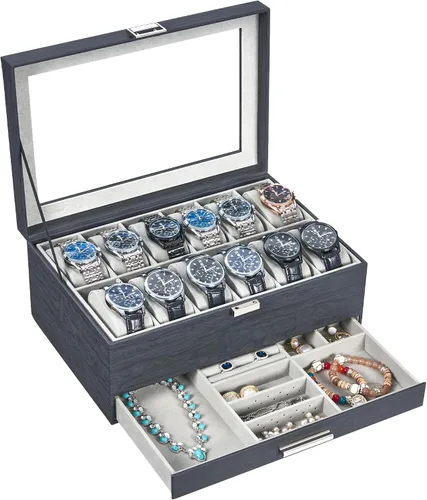Vista 9 de Hzuaneri Caja de reloj, regalos de Navidad, caja de reloj de 12 ranuras con tapa de vidrio, caja de joyería extraíble, organizador de caja