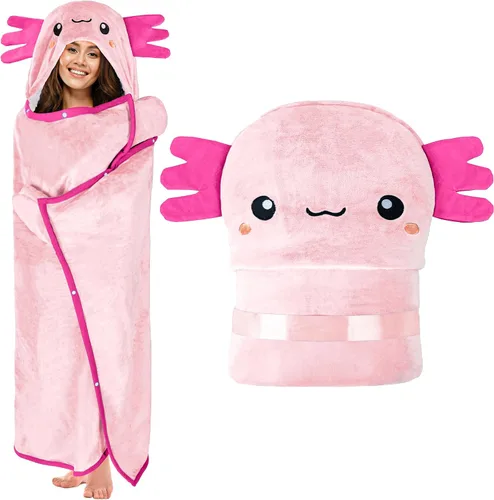 Vista 10 de Axolotl - Manta con capucha para adultos, súper suave, cálida y acogedora manta de franela de vellón y sherpa con capucha - Regalos de ajolote