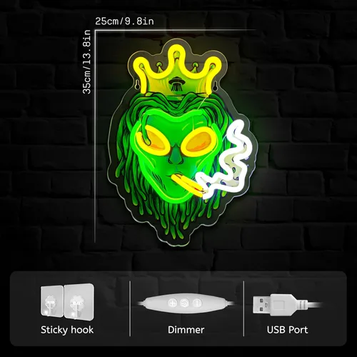 Vista 2 de Letreros de neón de alienígena verde con luces LED, luces de neón LED de alienígena fumador con corona, luces de neón LED de alienígena con corona