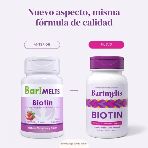 Vista 6 de Vitaminas BariMelts Biotin, sin azúcar, naturales, sabor fresa, en cápsulas masticables de absorción rápida, 90