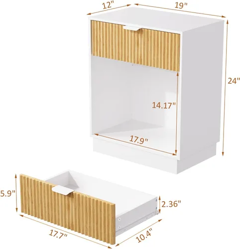Vista 2 de Juego de 2 mesitas de noche acanaladas, mesita de noche de madera con cajón y estante abierto, mesa auxiliar de mediados de siglo para sala