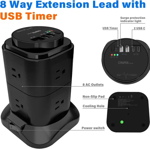 Vista 5 de cable de extensión con temporizador USB, 8 salidas de CA con 4 puertos USB (2 USB C), protector de sobretensiones 1200J de 6.56 pies, cable
