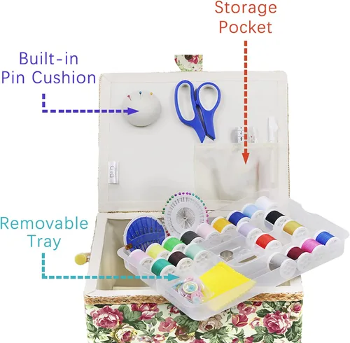 Vista 4 de Cesta de costura grande con accesorios, caja organizadora de costura para suministros de costura y herramientas de manualidades de bricolaje, regalo