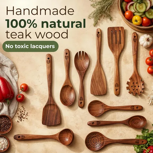 Vista 7 de Cucharas de madera para cocinar: juego de utensilios de cocina de teca