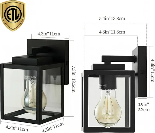 Vista 2 de mirrea Aplique de pared clásico de 7 pulgadas para exteriores, 1 luz en negro mate, marco de metal rectangular y pantalla de vidrio transparente