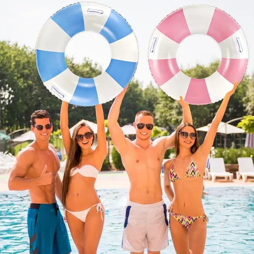 Vista 6 de Flotadores clásicos de piscina a rayas con asa, tubos inflables de rayas azules y blancas para anillos de natación grandes flotantes para adultos