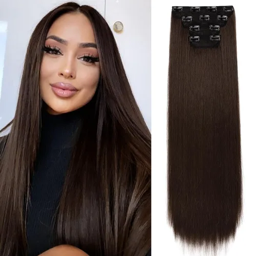 Vista 38 de REECHO - Juego de 4 extensiones de cabello sintético con clip de 12 pulgadas, 14 pulgadas y 16 pulgadas, lacio, largo y grueso, marrón oscuro
