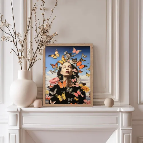 Vista 5 de Poster Master Póster de retrato de mujer, estampado de mariposa retro, arte de collage, arte femenino, arte femenino, arte moderno, arte floral