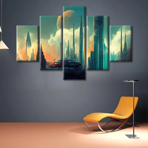 Vista 70 de Cuadros de 5 paneles de Cyberpunk City, arte de pared, representación de vallas publicitarias, edificios modernos en la capital con obras de arte