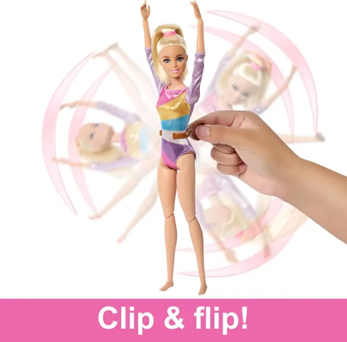 Vista 3 de Muñeca de gimnasia Barbie y accesorios, juego con muñeca rubia de moda, clip en C para acción de volteretas, barra de equilibrio, traje