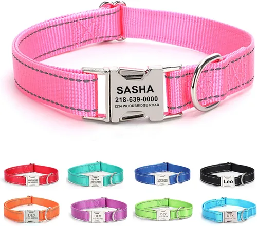 Vista 26 de Collar personalizado para perro con etiqueta de nombre, collar de nailon reflectante para mascotas, collares de perro con hebilla dorada grabada