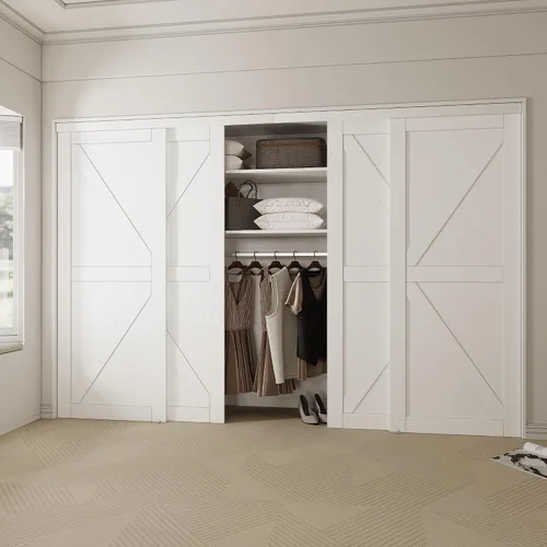 Vista 8 de Puertas correderas para armario pintables para dormitorios, 48 x 80 pulgadas, puerta interior de núcleo sólido 3-Lite con kit de herramientas