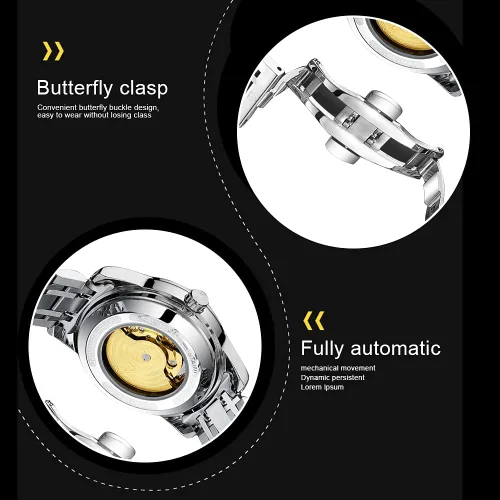 Vista 6 de Dentily Reloj mecánico de acero inoxidable esqueleto automático impermeable relojes de negocios para hombre