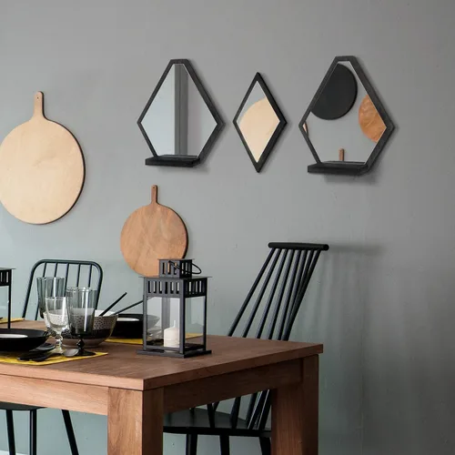 Vista 2 de JACKCUBE MK689A - Juego de 3 espejos decorativos de pared de madera rústica geométrica con estante para dormitorio, baño, sala de estar, cocina