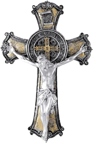 Vista 6 de Taprion Crucifijo de pared - Arte de pared de resina de San Benito - Cruz dorada de 10 pulgadas da bendición y lo sagrado espiritual: regalo de fe