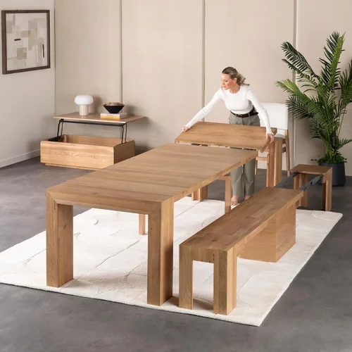 Vista 33 de Transformer Table - Mesa de comedor extensible de madera maciza, asientos 2-12, mesa de comedor expandible, muebles que ahorran espacio, muebles