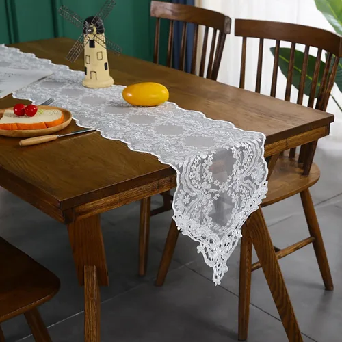 Vista 6 de Hsvanyr Camino de mesa de encaje blanco bordado pequeño bufanda clásica rectangular macramé mesa decoración de tocador 12 pulgadas x 27 pulgadas