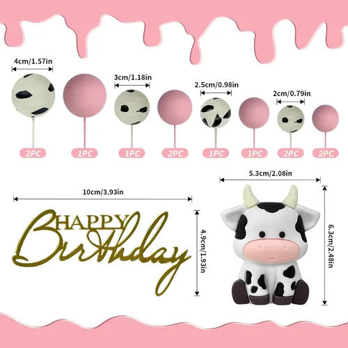 Vista 3 de Decoración de pastel de vaca, 14 bolas de vaca para decoración de pasteles Decoración acrílica dorada para tartas de cumpleaños con temática