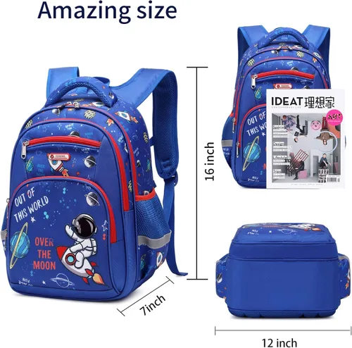 Vista 6 de Mochila infantil para niños de primaria, preescolar, 16 pulgadas, multifuncional, linda capacidad, Azul Patchwork, 16 pulgadas