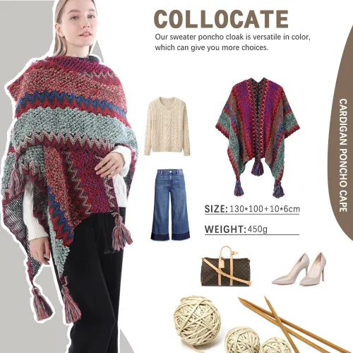 Vista 17 de Capa tipo poncho de punto para mujer, cárdigan de punto con flecos para otoño e invierno