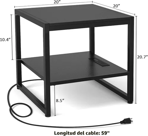 Vista 3 de Homieasy - Mesa auxiliar con estación de carga, soporte para mini refrigerador de 20 pulgadas con estante abierto de 2 niveles, mesita de noche