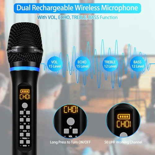 Vista 2 de Micrófono inalámbrico J10 Sistema de karaoke recargable, micrófono inalámbrico de metal UHF de mano con control de graves agudos de volumen y caja