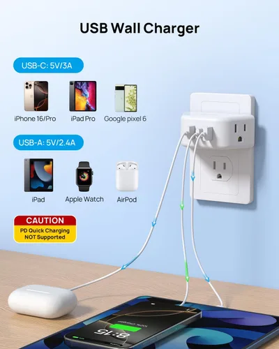 Vista 3 de TROND Extensor de salida con USB, divisor de pared con 2 tomas AC, 3 puertos USB, adaptador de enchufe de pared de diseño de 3 lados, elementos