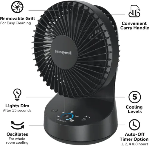 Vista 4 de Honeywell QuietSet 5 Ventilador de mesa oscilante, negro, ventilador personal y pequeño con funcionamiento silencioso y 5 niveles de potencia