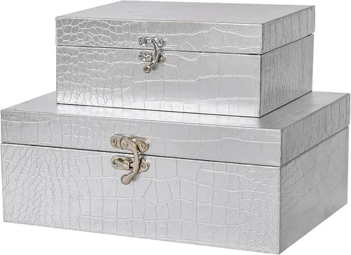 Vista 9 de Juego de 2 cajas de almacenamiento decorativas de madera, cuero de cocodrilo dorado con cierre para el hogar, cocina, sala de estar, regalo ideal