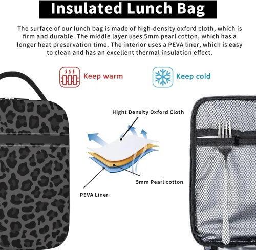 Vista 5 de Lonchera con aislamiento de leopardo negro para mujeres y hombres, reutilizable, portátil, a prueba de fugas, bolsa térmica para oficina, trabajo