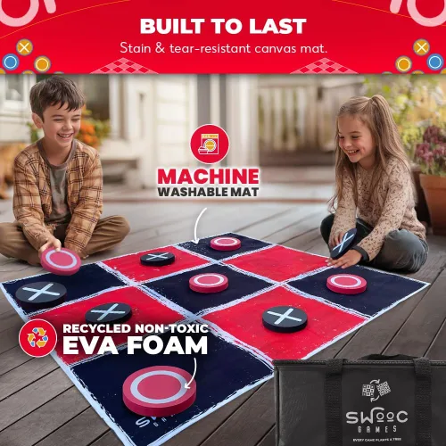 Vista 3 de Swooc Games® - Juego Vintage Gigante de Damas y Tres en Raya 2 en 1 con Tapete (3 pies x 3 pies) - Lona 100% Lavable a Máquina - Juegos Gigantes al